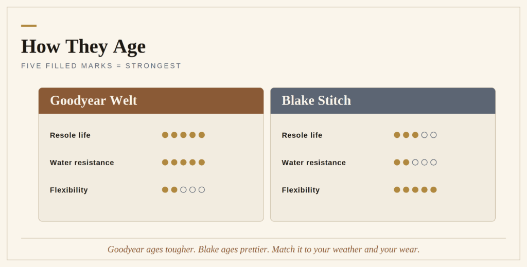 Five filled marks = strongest. Goodyear ages tougher; Blake ages prettier.
