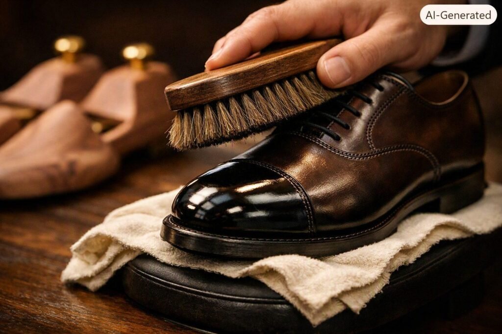 A horsehair shoe polishing brush resting on a dark leather dress shoe A horsehair shoe polishing brush resting on a dark leather dress shoe