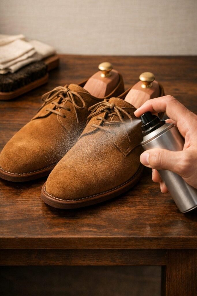 A can of suede protector spray beside a suede dress shoe A can of suede protector spray beside a suede dress shoe