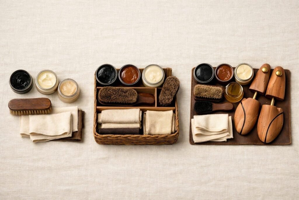 A full lineup of shoe care products from entry-level to luxury arranged by budget tier A full lineup of shoe care products from entry-level to luxury arranged by budget tier