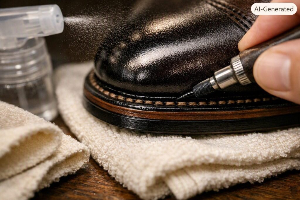 Polishing cloths, tins of wax, and edge dressing laid out as a shoe-care work station Polishing cloths, tins of wax, and edge dressing laid out as a shoe-care work station