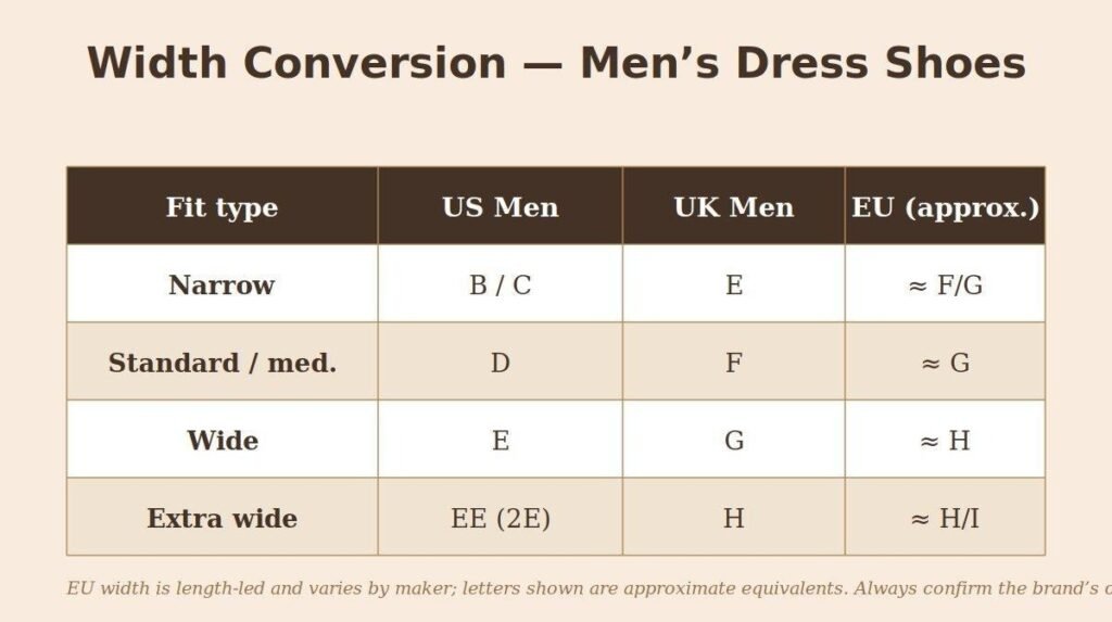Width conversion table for men’s dress shoes comparing US, UK, and approximate EU width letters across narrow, standard, wide, and extra-wide fits Width conversion table for men’s dress shoes comparing US, UK, and approximate EU width letters across narrow, standard, wide, and extra-wide fits