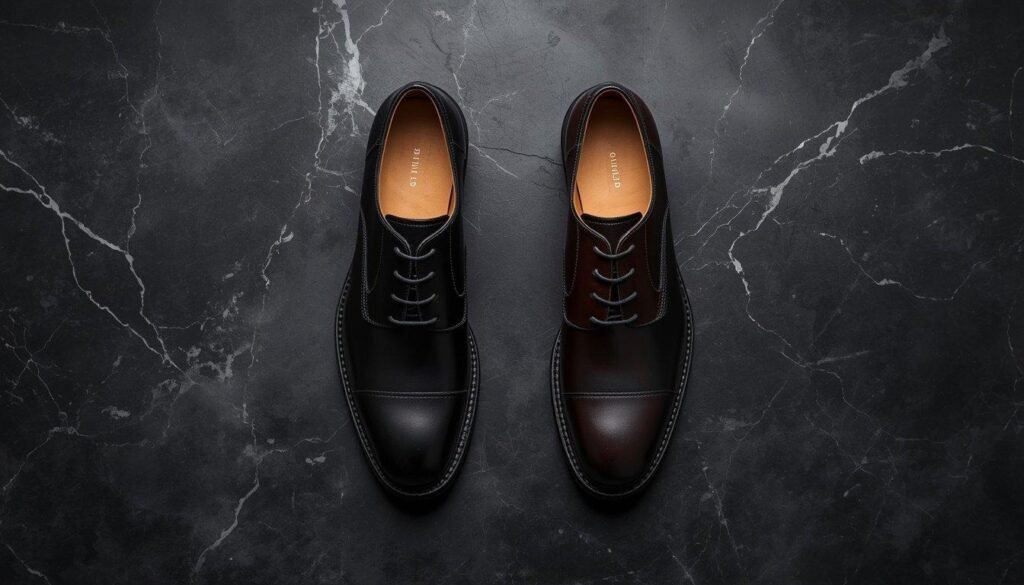 A Derby shoe with open lacing beside an Oxford with closed lacing, illustrating how open lacing offers more width and instep adjustability A Derby shoe with open lacing beside an Oxford with closed lacing, illustrating how open lacing offers more width and instep adjustability