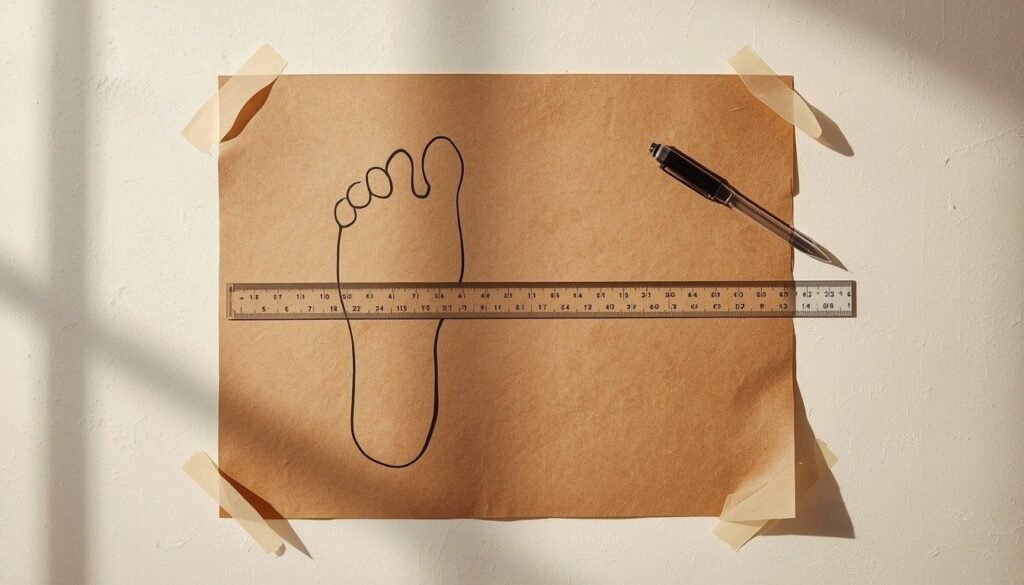 A foot traced in pen on kraft paper with a ruler laid across the widest part of the outline, demonstrating the at-home width measurement A foot traced in pen on kraft paper with a ruler laid across the widest part of the outline, demonstrating the at-home width measurement