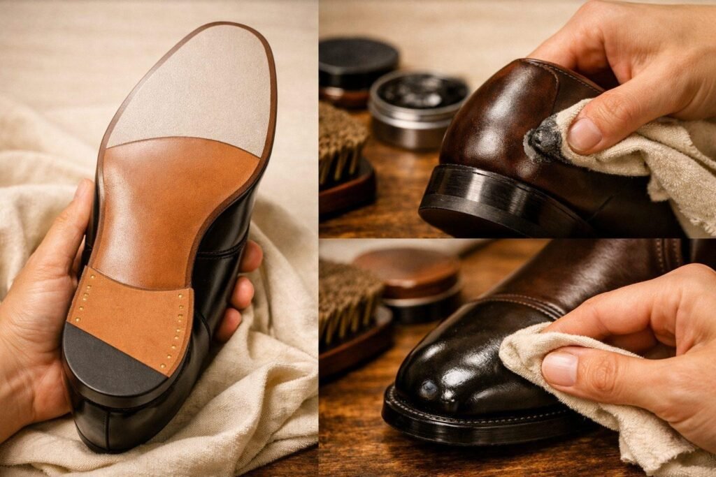 Before and after comparison of dress shoes — dry matte leather on the left, mirror-shine polished leather on the right