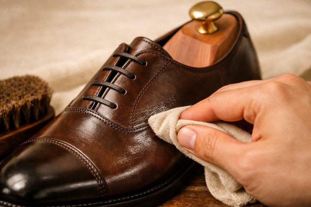 Applying leather conditioner to a brown dress shoe with a soft cloth wrapped around a finger