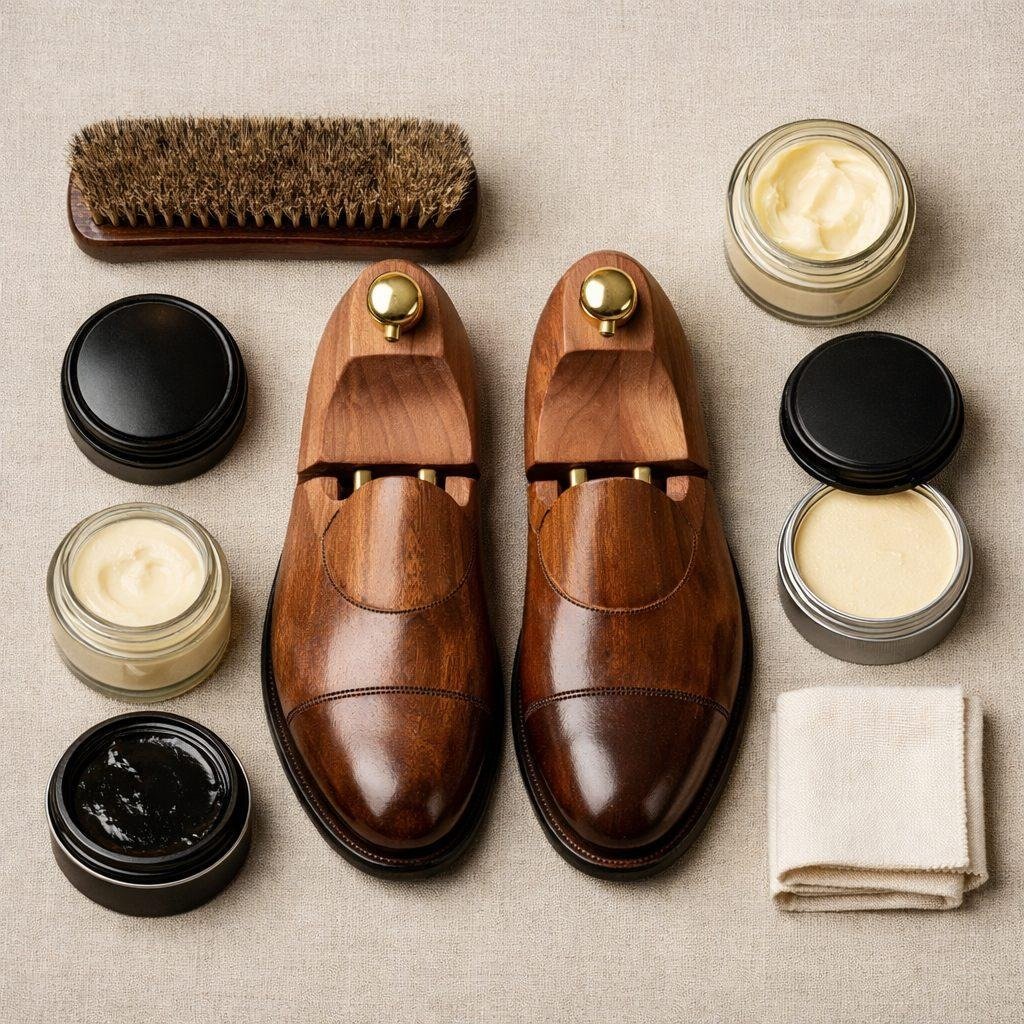 Flat lay of a luxury shoe care kit — cedar shoe trees, horsehair brush, leather conditioner, cream and wax polish, and a polishing cloth