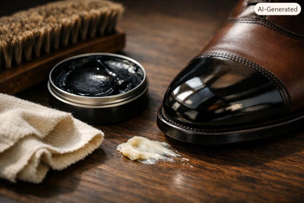 Tins and jars of cream and wax shoe polish grouped beside a soft applicator cloth Tins and jars of cream and wax shoe polish grouped beside a soft applicator cloth