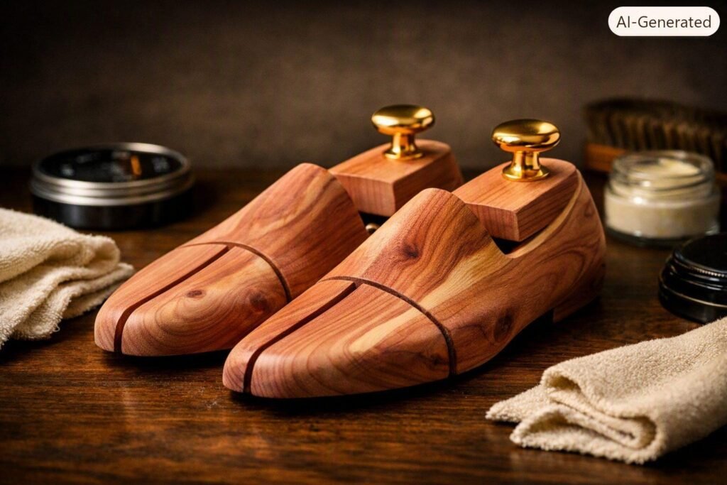 A pair of cedar shoe trees inserted into brown leather dress shoes A pair of cedar shoe trees inserted into brown leather dress shoes