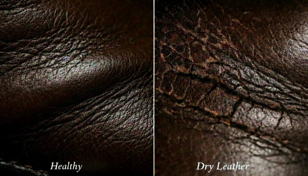 Conditioning vs polish comparison: cracked, chalky creasing on dry leather versus a smooth crease on well-conditioned, polished leather