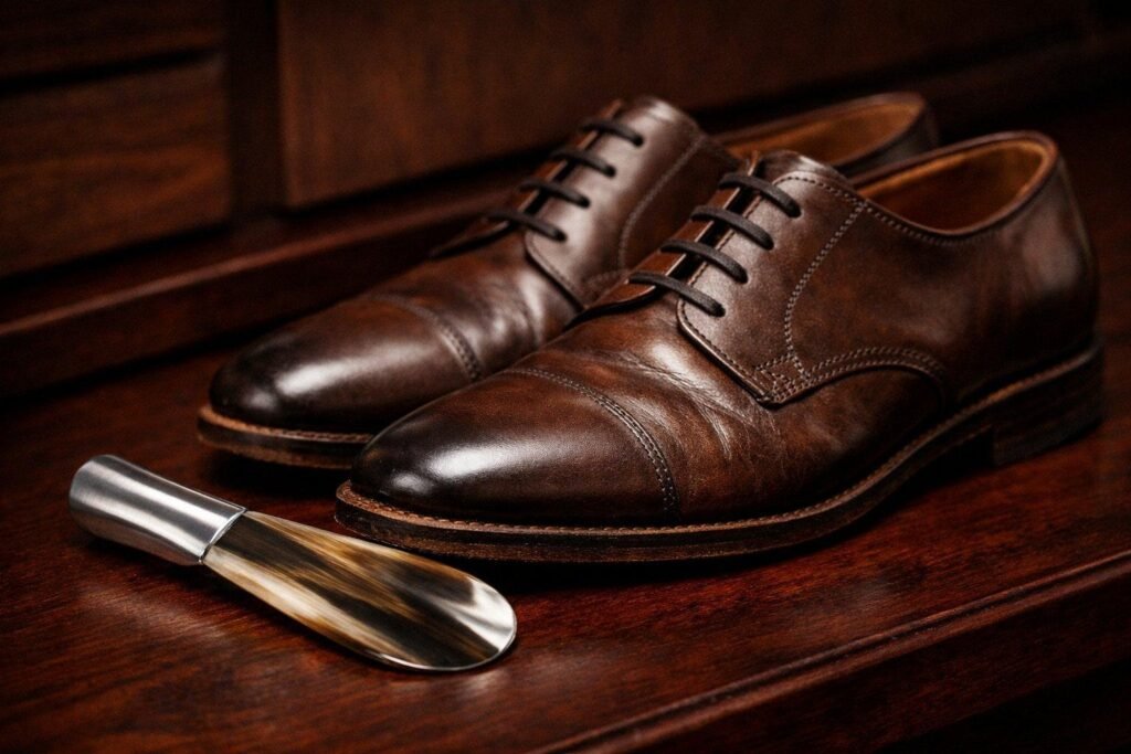 A polished horn shoe horn resting beside a pair of brown cap-toe oxford shoes on a wooden bench A polished horn shoe horn resting beside a pair of brown cap-toe oxford shoes on a wooden bench