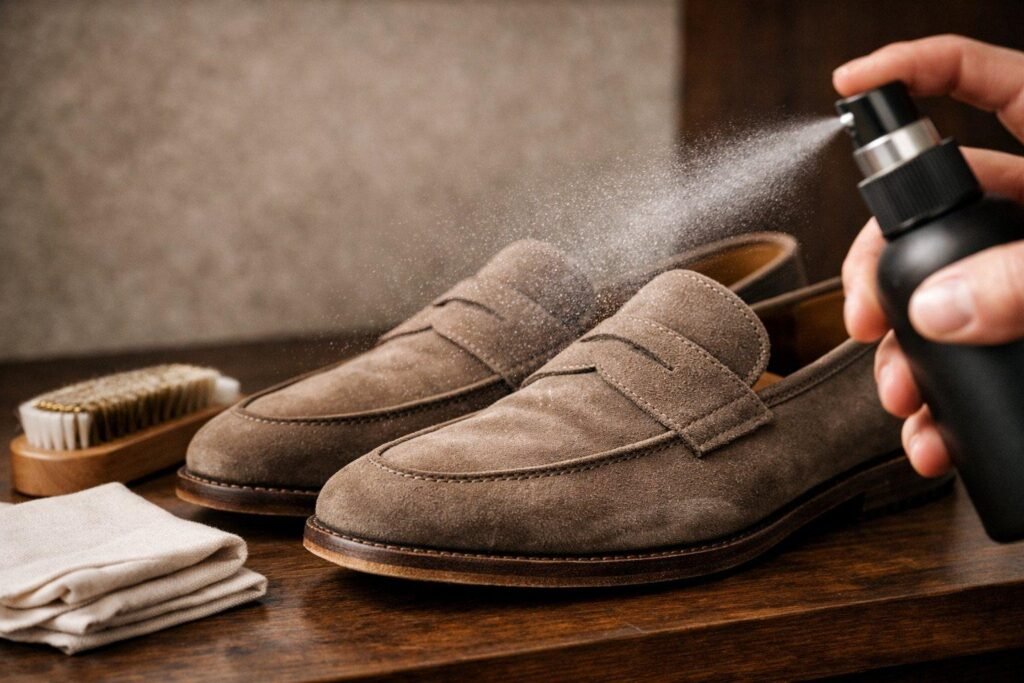 A hand spraying protector onto a pair of taupe suede loafers on a wooden surface, with a brush and cloth beside them A hand spraying protector onto a pair of taupe suede loafers on a wooden surface, with a brush and cloth beside them