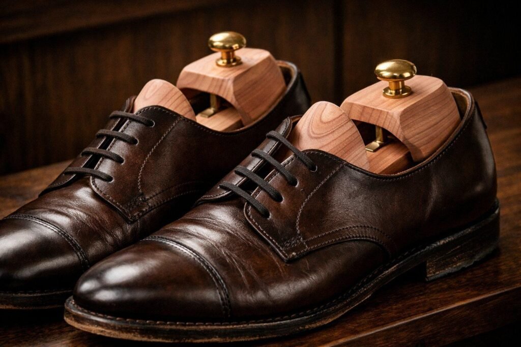 A pair of dark brown derby shoes with cedar shoe trees and brass knobs seated inside, on a dark wood surface A pair of dark brown derby shoes with cedar shoe trees and brass knobs seated inside, on a dark wood surface