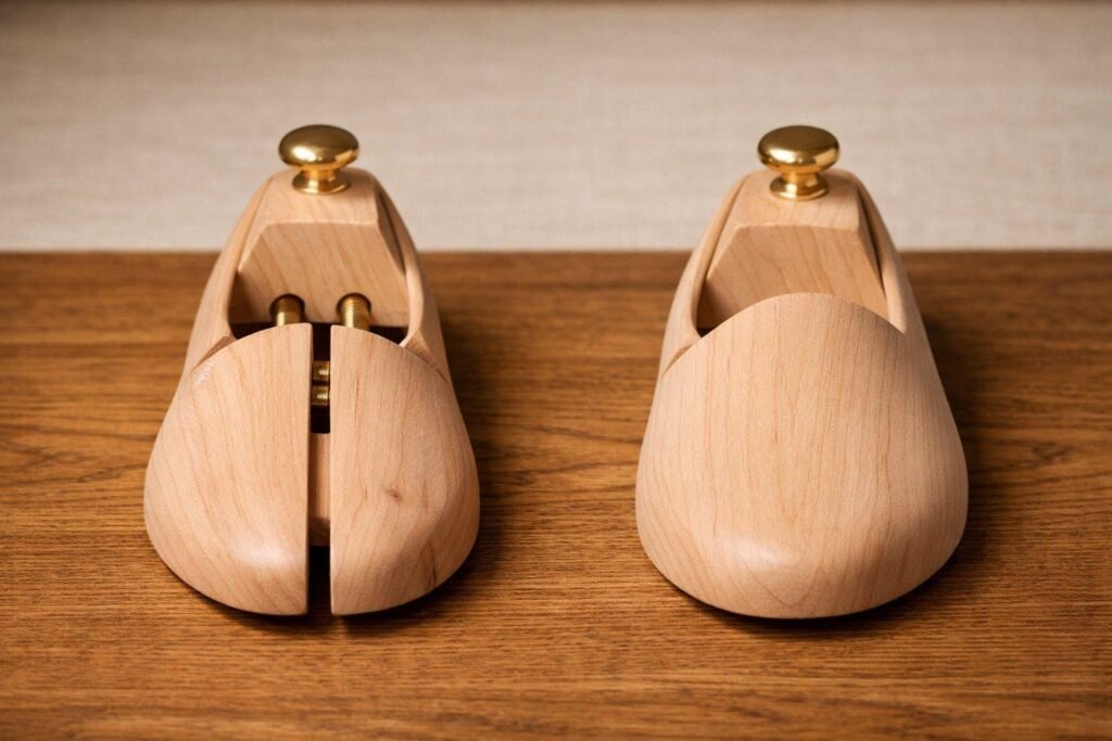 Two unfinished cedar shoe trees side by side, one with a split hinged toe and brass screws, the other a solid one-piece toe block