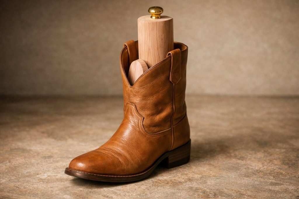 A tan leather cowboy boot standing upright with a cedar foot tree and tall cedar shaft shaper inside it, on warm stone