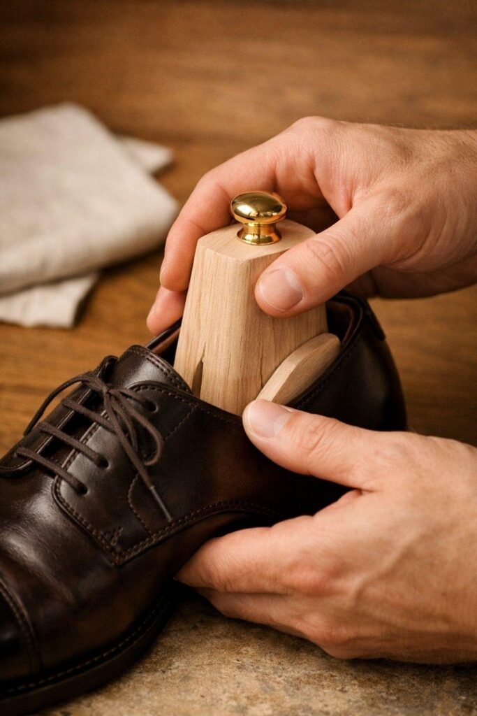 A man’s hands guiding an unfinished cedar tree into a polished dark brown leather shoe in warm domestic light