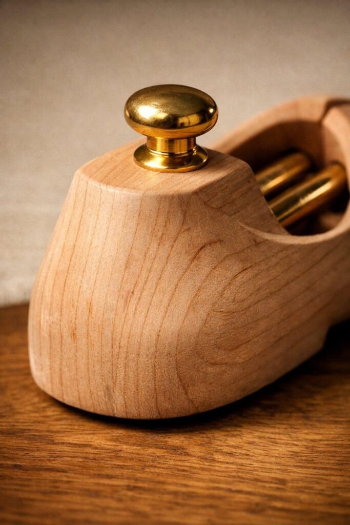 Close-up of an unfinished cedar shoe tree showing wood grain, a polished brass knob, and twin brass tube hardware