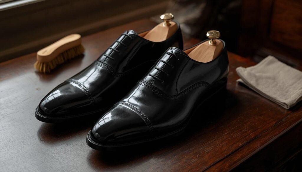 A pair of glossy black cap-toe oxford shoes on cedar trees, finished to a mirror shine, beside a brush and cloth