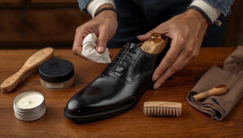 A person applying cream polish with a cloth to a black oxford shoe, with a brush, a tin of polish, and a jar of conditioner on the table