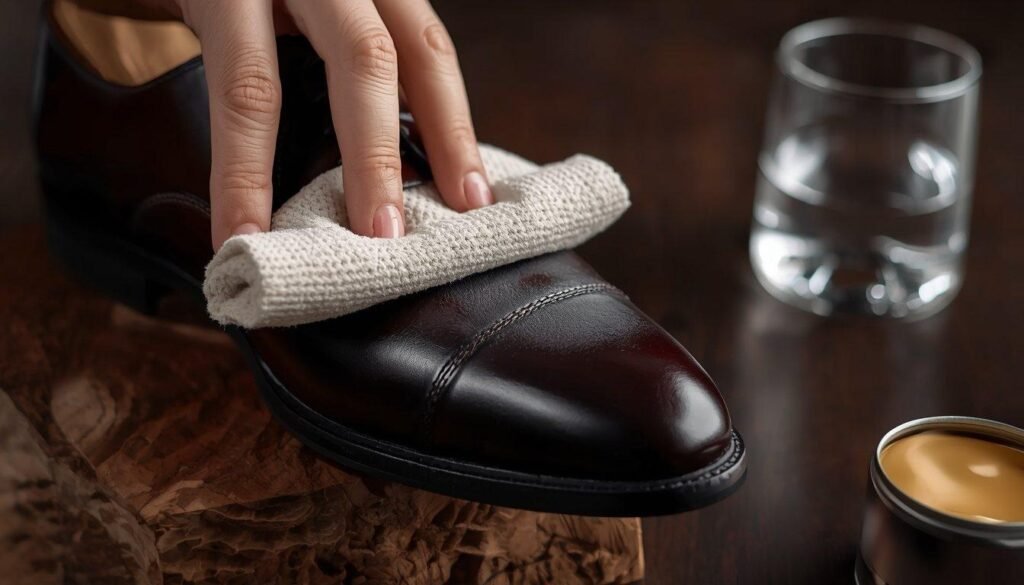 A hand buffing the toe cap of a dark cordovan shoe with a cloth, beside a tin of wax and a glass of water