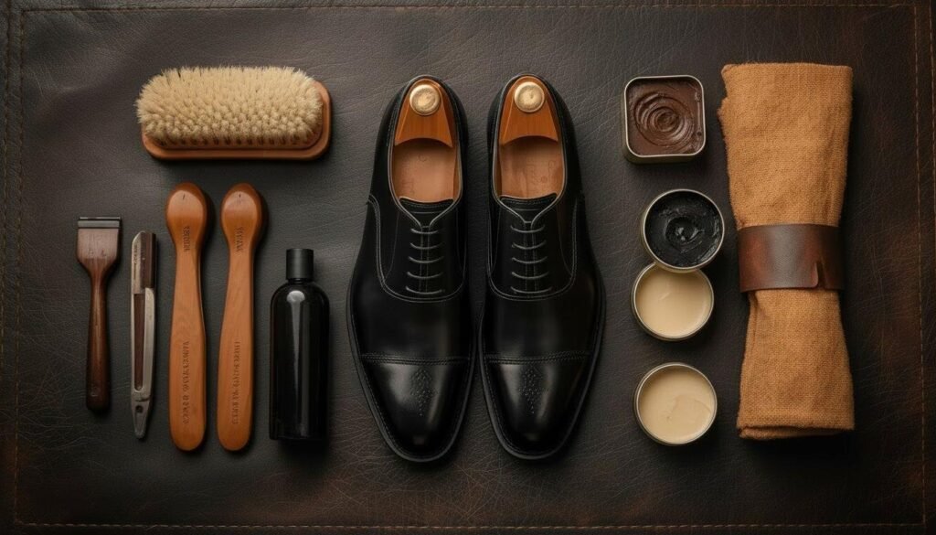 how to polish dress shoes
: A flat lay of a shoe-polishing kit: a horsehair brush, applicator brushes, a bottle, tins of cream and wax polish, black oxford shoes on trees, and a cloth