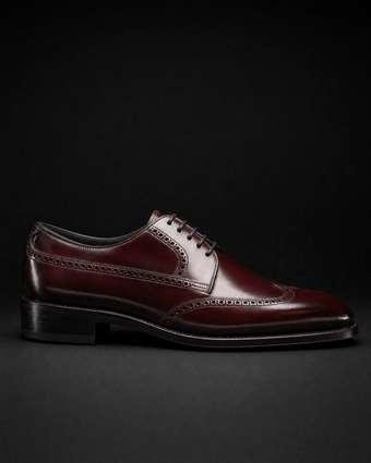 Side profile of a hand-welted burgundy shell cordovan Derby shoe with a 30mm formal heel