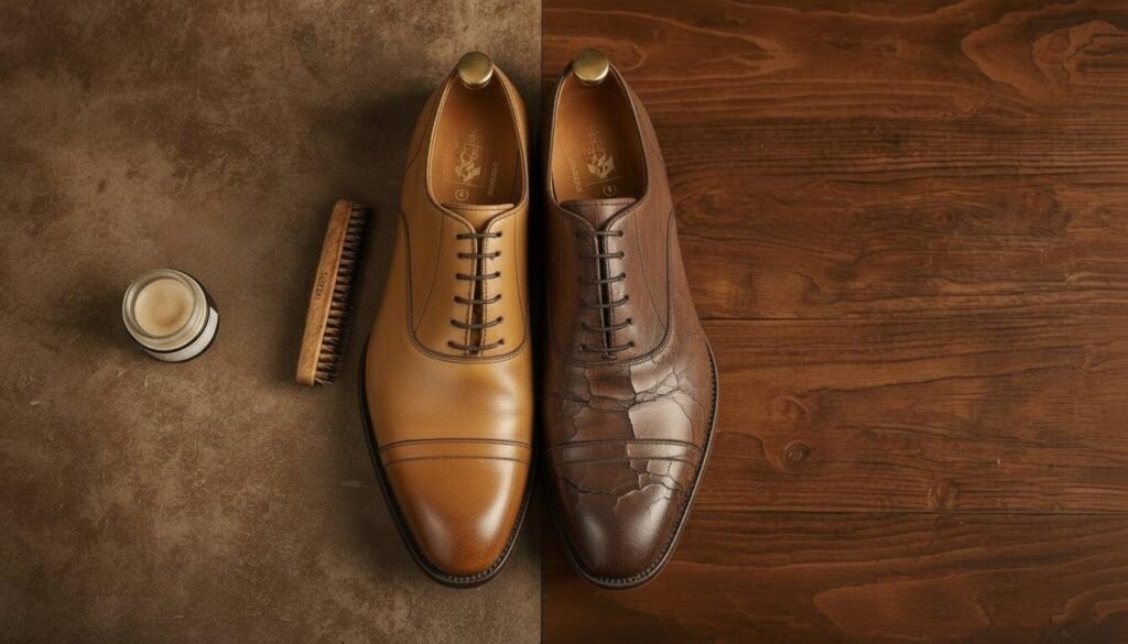 Conditioning vs polish results: a healthy well-conditioned, polished shoe on the left and a dry, cracked, neglected shoe on the right