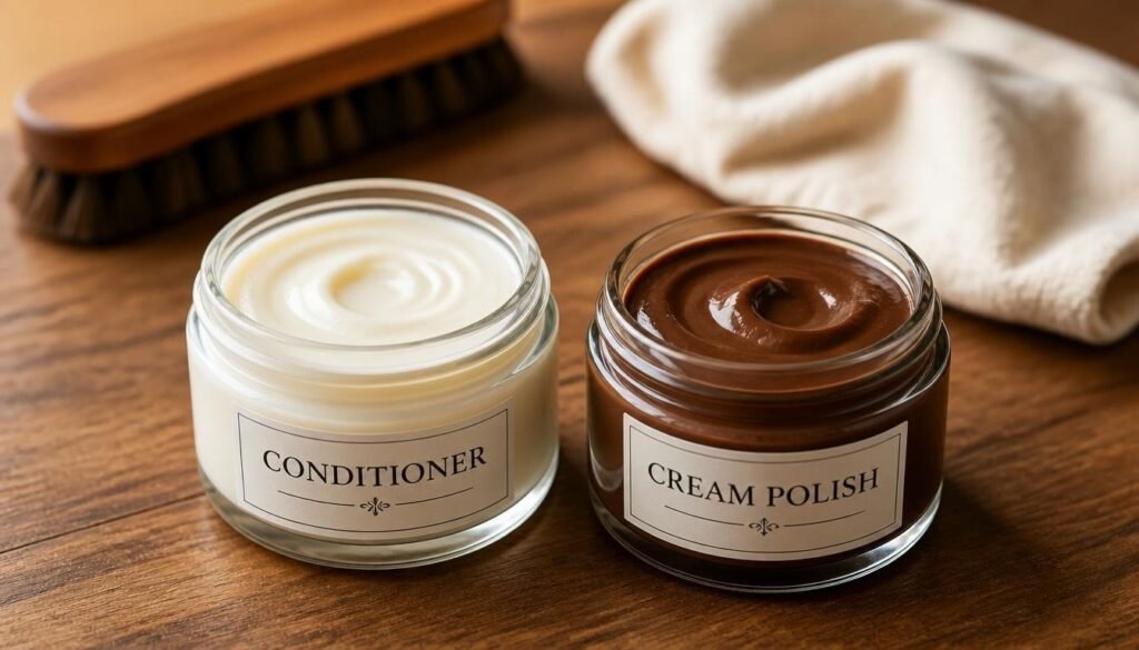 An open jar of pale leather conditioner beside an open jar of brown cream polish on a wooden surface, with a brush and cloth behind