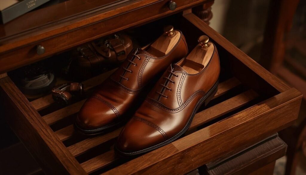 Two pairs of brown leather dress shoes resting in an open wooden storage drawer Two pairs of brown leather dress shoes resting in an open wooden storage drawer