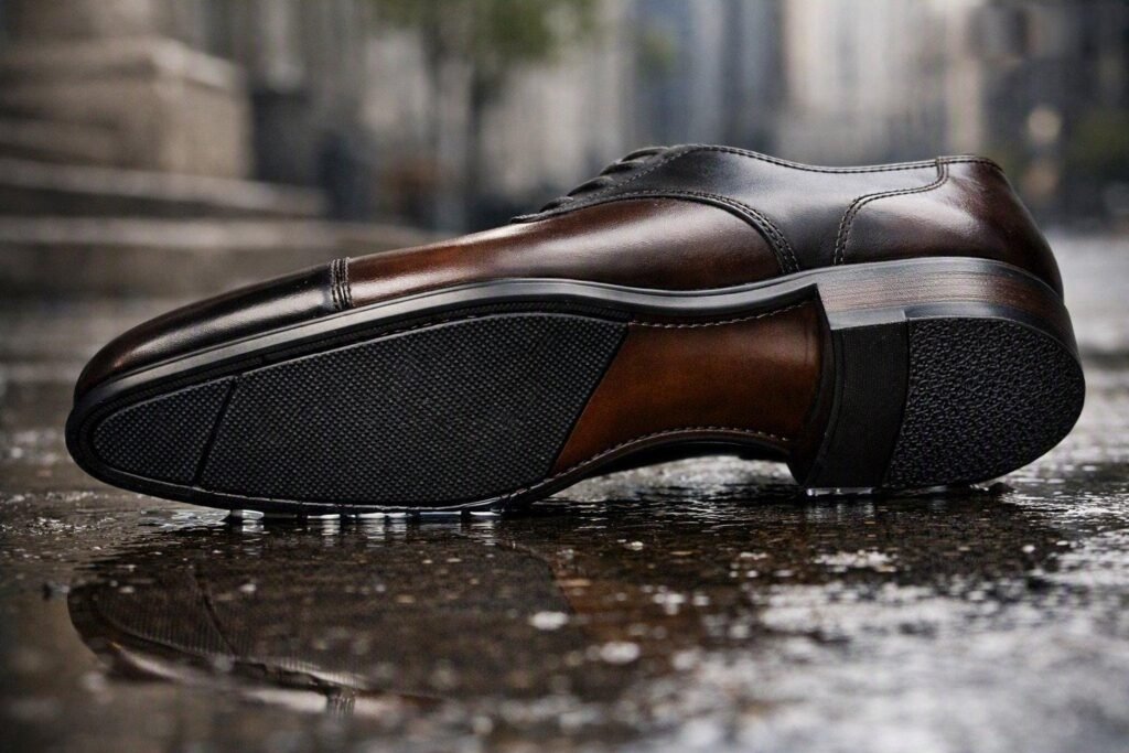 Leather-soled dress shoe tested for grip on wet city pavement