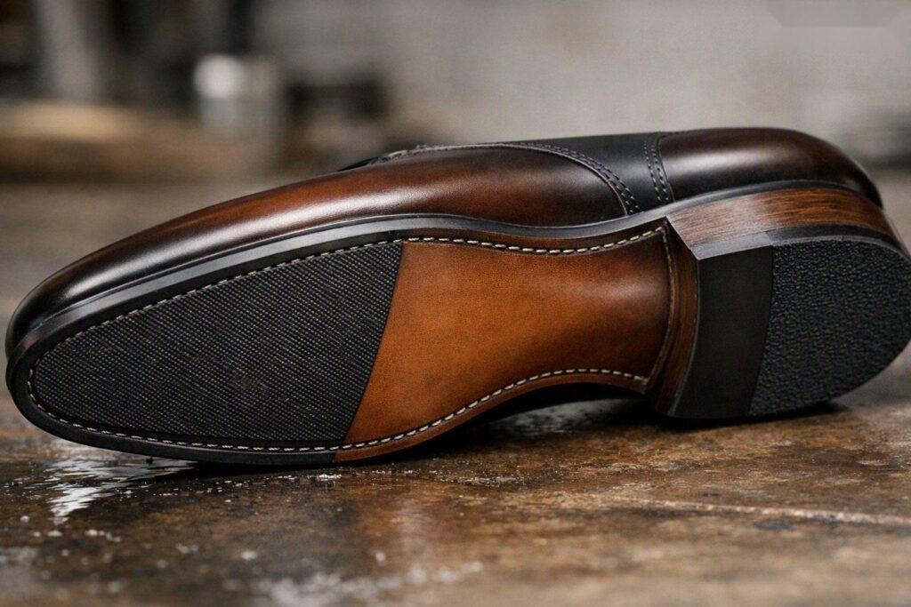 Rubber sole providing grip on wet urban pavement