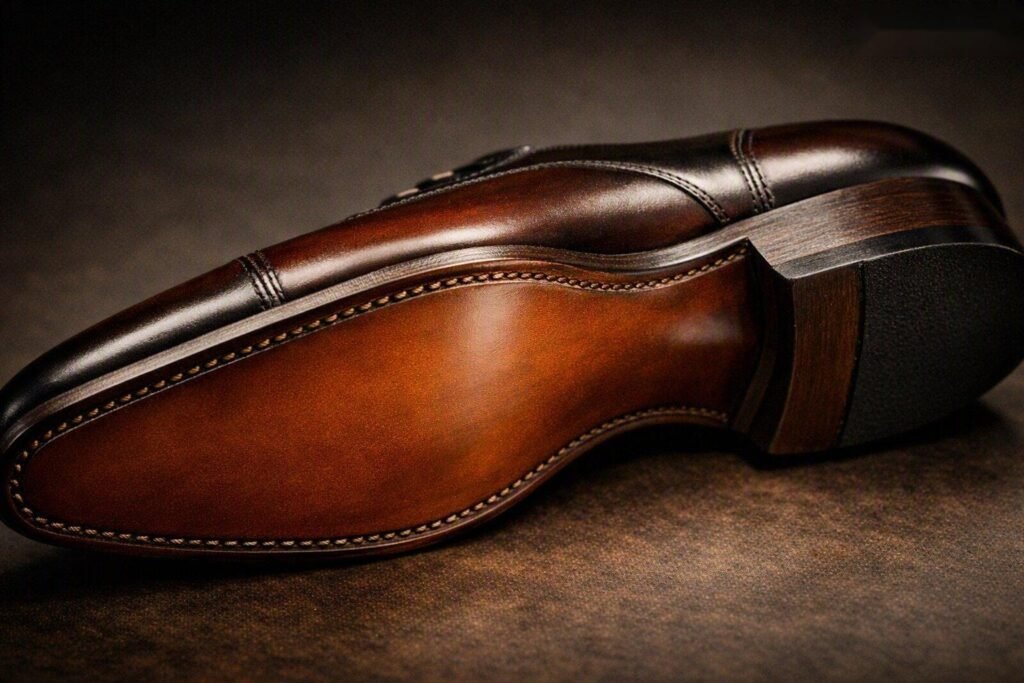 Hybrid leather and rubber sole protector on a bespoke shoe